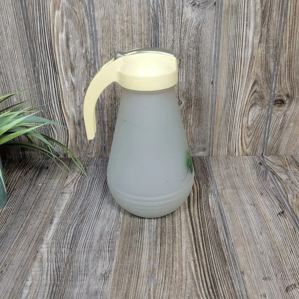 Vintage Hazel Atlas Frosted Glass Batter Jug Pitcher Green Ivy Leaf Vine 1950s
